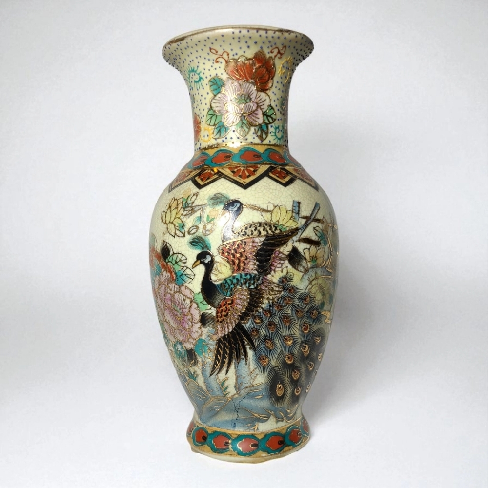 Vintage Asian Japanese Satsuma Porcelain Vase Hand Painted birds